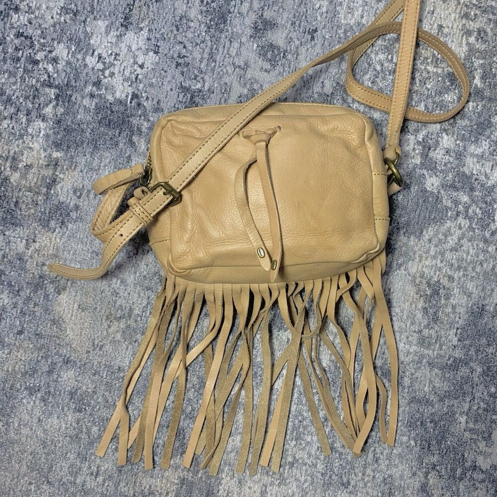 Lucky Brand Tan Leather Fringe Festival Boho Small Crossbody Purse Womens
